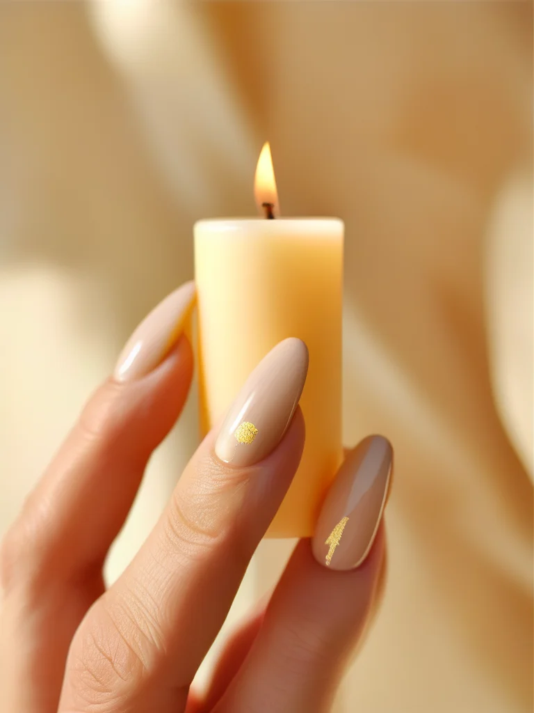 A woman's short, natural round nails painted with a creamy vanilla base, transitioning into a soft vertical gradient of warm yellow and orange at the tips, subtly mimicking the gentle glow of a candle flame. One nail features a tiny, elegant hand-painted gold numeral, adding to the birthday theme.
