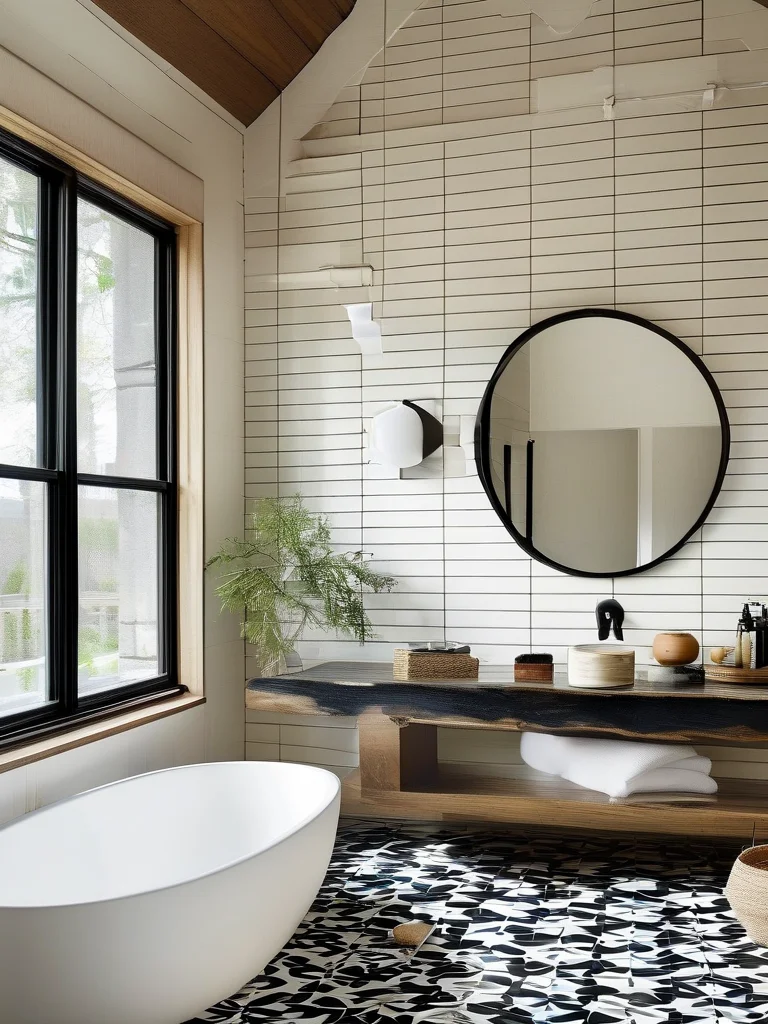 An eye-catching small bathroom featuring a striking geometric patterned tile floor in black and white, serving as the central design statement. The walls are kept simple with crisp white paint, allowing the intricate floor pattern to pop. A minimalist floating vanity and a large round mirror reflect the bright, clean ambiance.
