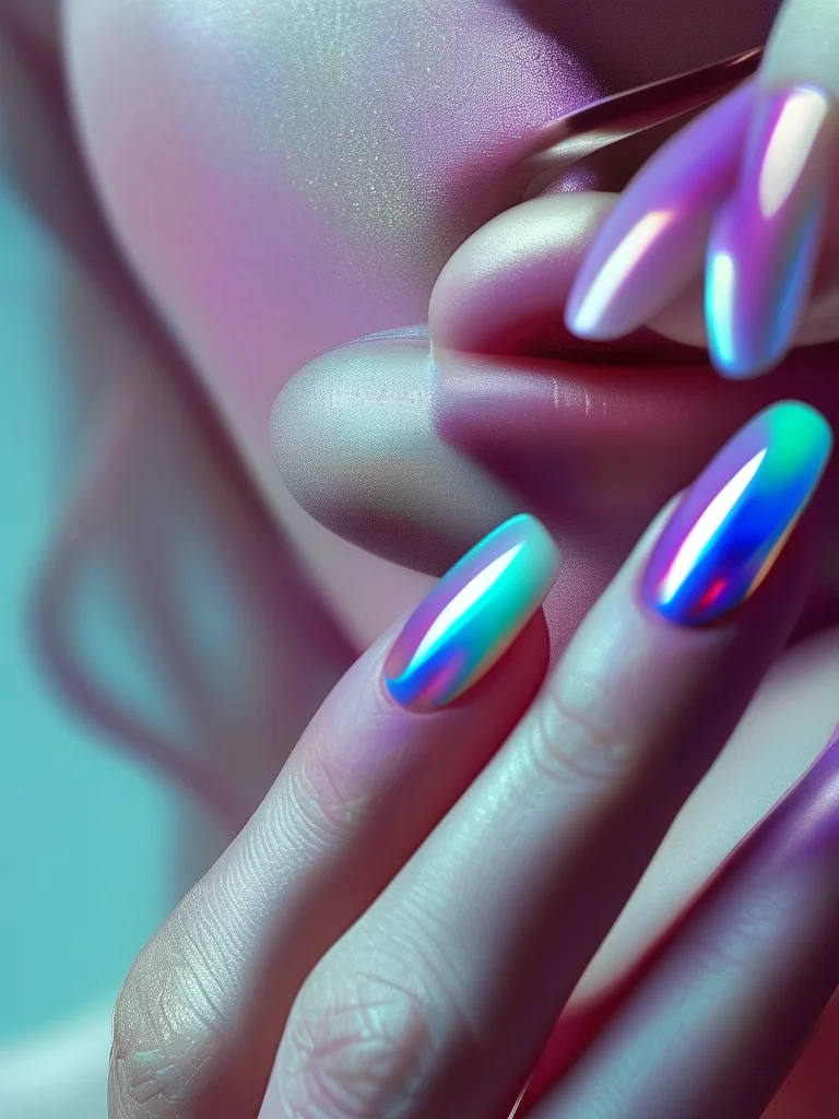 A macro close-up of a woman's elegant stiletto-shaped nails, which boast a highly glossy, iridescent teal and purple chrome finish. A subtle, raised embossed scale pattern covers the surface, shimmering beautifully like mystical mermaid scales, highlighting intricate artistry.