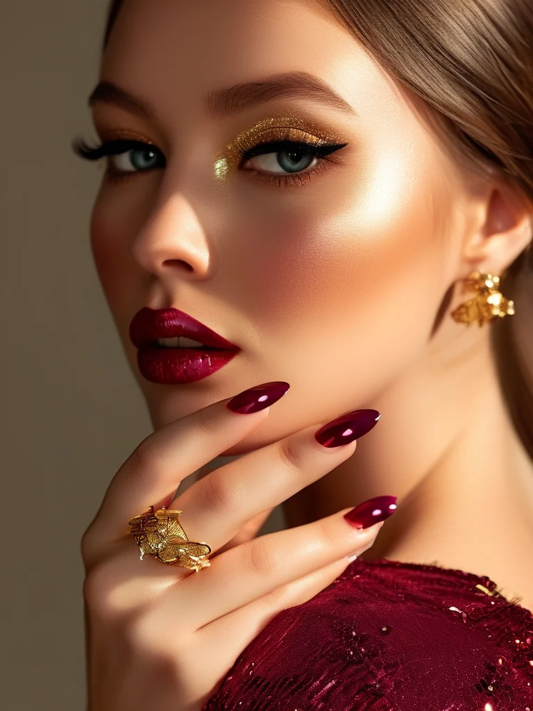 Glossy red coffin nails with gold foil accent nail.