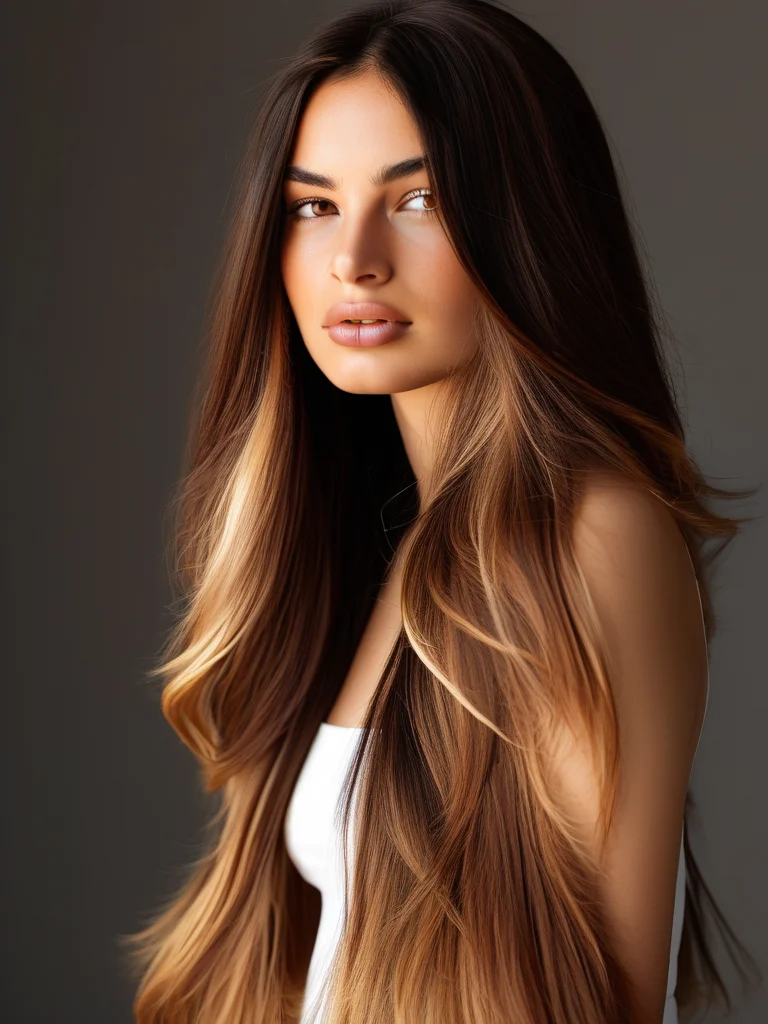 21 Irresistible Chocolate Brown Hair Colors & Styles for a Rich Look 6 A woman with very long, dark chocolate brown hair that smoothly transitions into a lighter, caramel-chocolate brown ombré towards the ends, styled in soft, flowing waves to emphasize the seamless color gradient.
