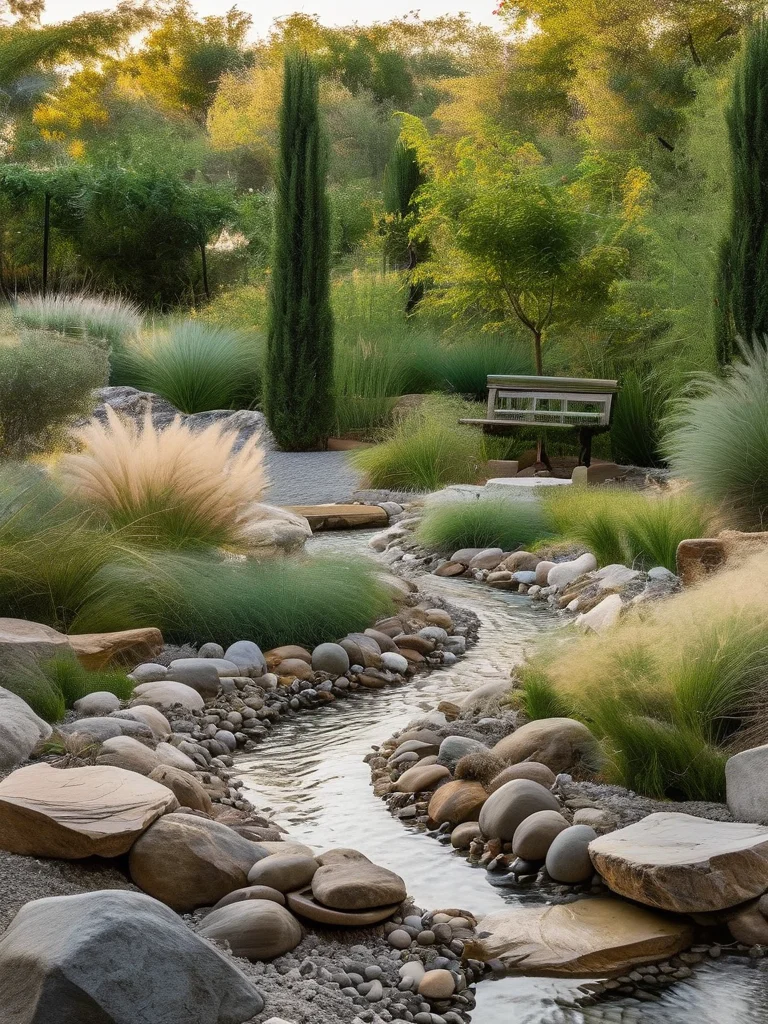 15+ Genius Drainage Ideas to Transform Your Home & Garden 6 A naturalistic backyard landscape featuring a beautifully crafted dry creek bed winding through native grasses and large boulders. The creek bed is adorned with smooth, river-washed stones in various sizes and colors, creating both an artistic focal point and an effective drainage solution. A rustic wooden bench is placed nearby, all under soft, overcast lighting.