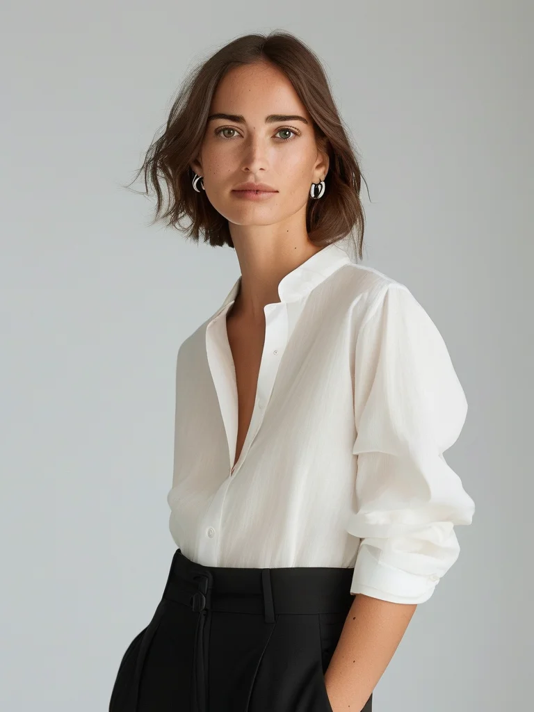 A sophisticated woman in her late twenties is captured in an editorial portrait, showcasing a slightly oversized crisp white poplin shirt, partially tucked into high-waisted tailored black trousers. Her look is completed with subtle silver hoop earrings and classic polished black loafers, all set against a clean, minimalist studio backdrop.
