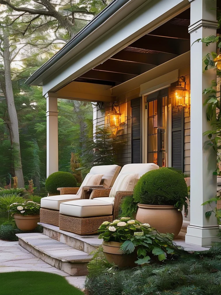 A cozy and inviting front porch, illuminated by soft string lights, features comfortable wicker armchairs with cream cushions, surrounded by lush potted ferns and colorful flowering plants. A vibrant blue front door offers a welcoming focal point, with neatly maintained garden beds visible in the soft evening dusk, creating a serene outdoor retreat.