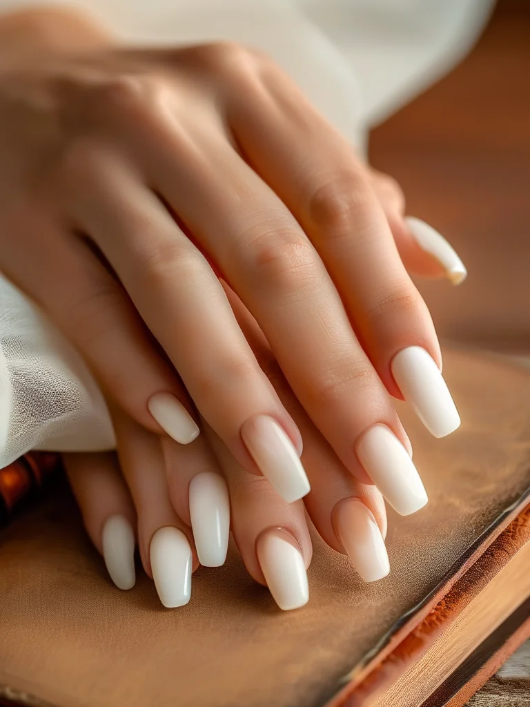 A real woman's hand featuring short, neat square nails with a sheer, milky white, glossy finish, conveying a clean and pristine look. The fingers are gracefully holding a page from a vintage, leather-bound book, suggesting intellectual elegance.