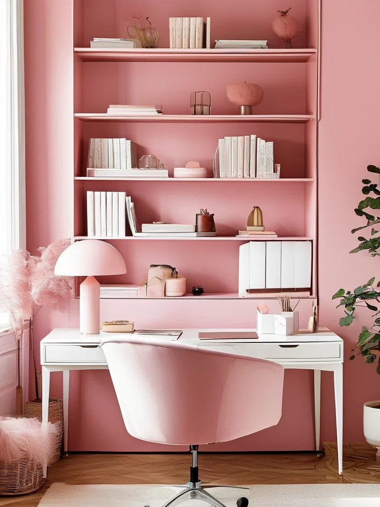 A bright and airy home office with soft light pink walls, a white desk, a pink desk lamp, and an ergonomic chair, designed for productivity and comfort.