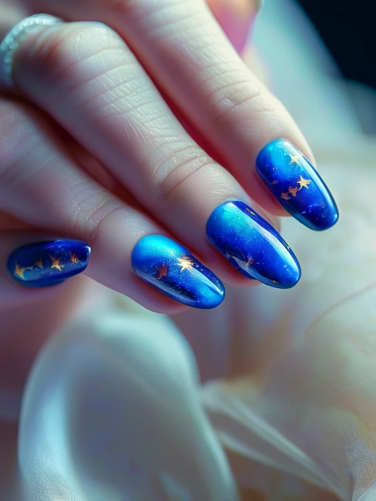 Short stiletto nails display a vibrant, glossy design mimicking the aurora borealis, with mesmerizing swirls of blue, green, and purple. Some nails are accented with subtle white shooting stars.