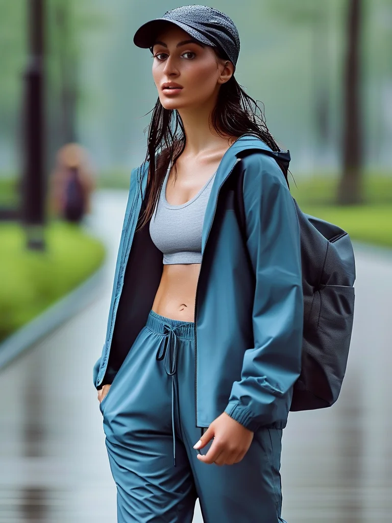 A woman models a sporty summer rainy day outfit in a pastel blue athleisure set, paired with white sneakers and a backpack.