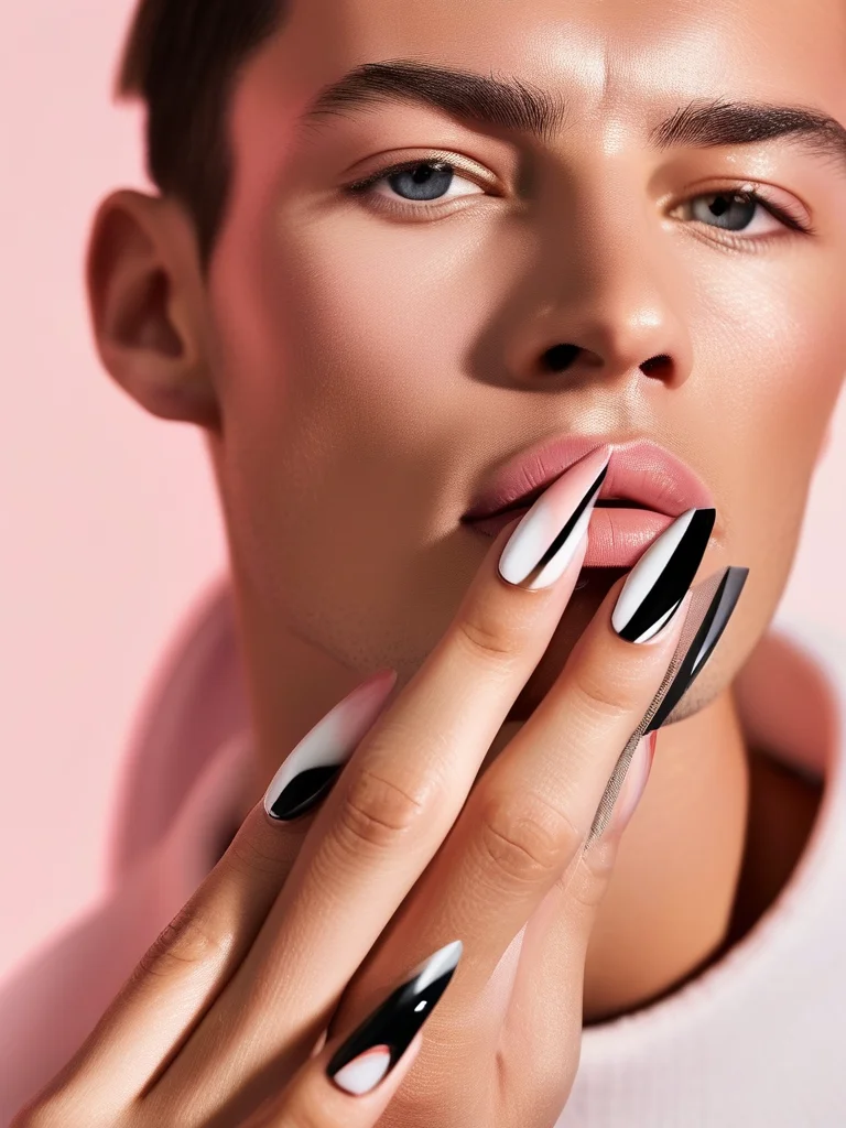 Close-up of square baddie nails with black and white abstract swirls