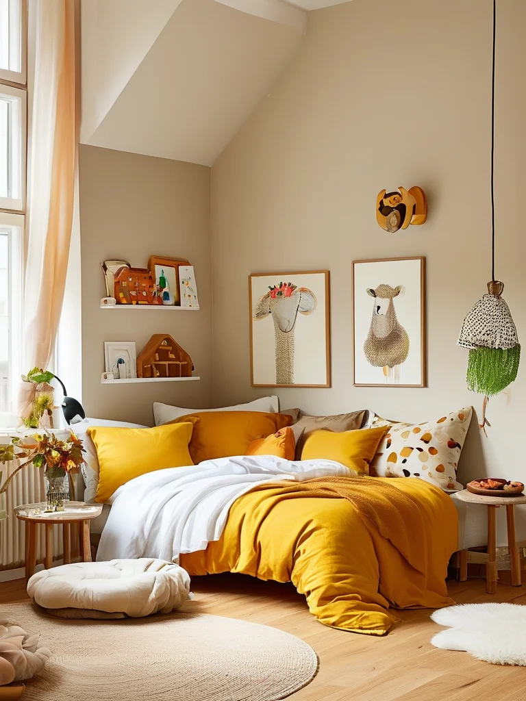7 Dreamy Organic Cotton Bedding Styles for Your Eco-Chic Sanctuary 6 A vibrant and cheerful child's bedroom or creative studio apartment featuring a twin bed dressed in lively mustard yellow organic cotton bedding, paired with crisp white sheets and a playful geometric throw. The room includes light-colored walls, quirky animal-themed wall art, abundant natural light, and a cozy reading nook with a sheepskin rug and colorful cushions.