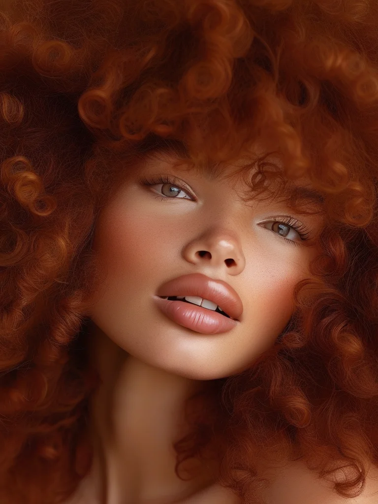 A captivating editorial portrait showcasing a woman with voluminous, well-defined auburn natural curls. Her skin glows with a 'no makeup' radiance, and the rich texture and bounce of her coils are the primary focus, illustrating natural beauty.