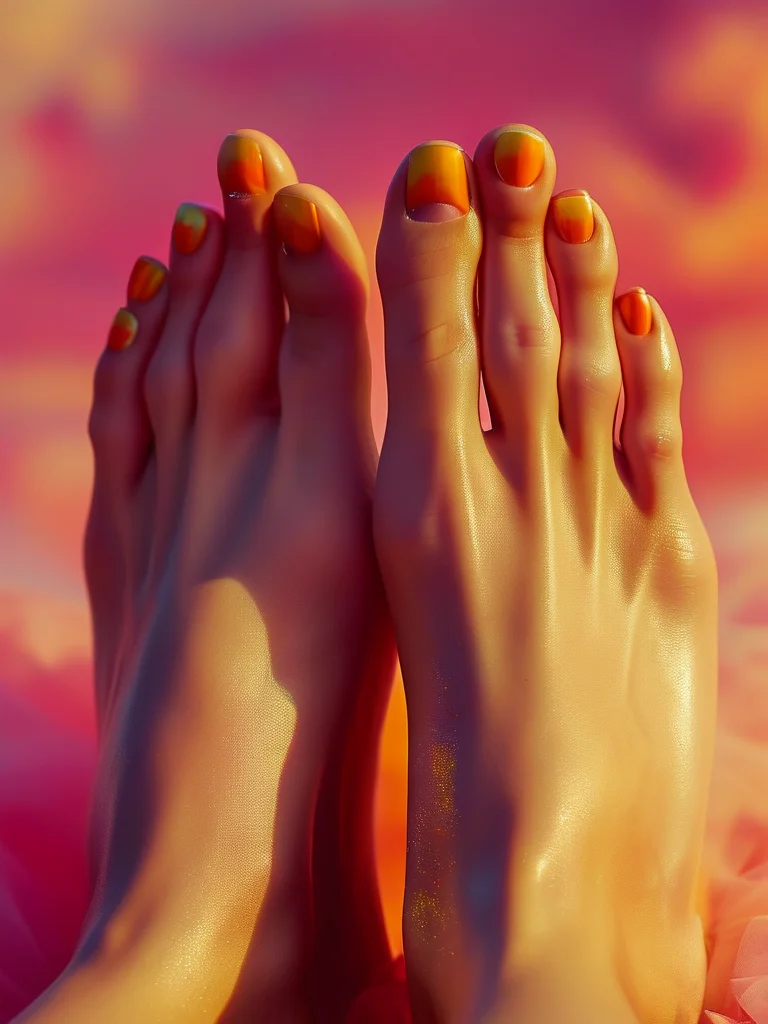 25+ Dazzling Summer Toe Nail Designs for Your Perfect Pedicure 6 Close-up of short, oval-shaped toenails with a high-gloss ombre finish. The color transitions beautifully from deep fuchsia at the base to fiery orange at the tips, with subtle glitter flakes creating a shimmering sunset effect.