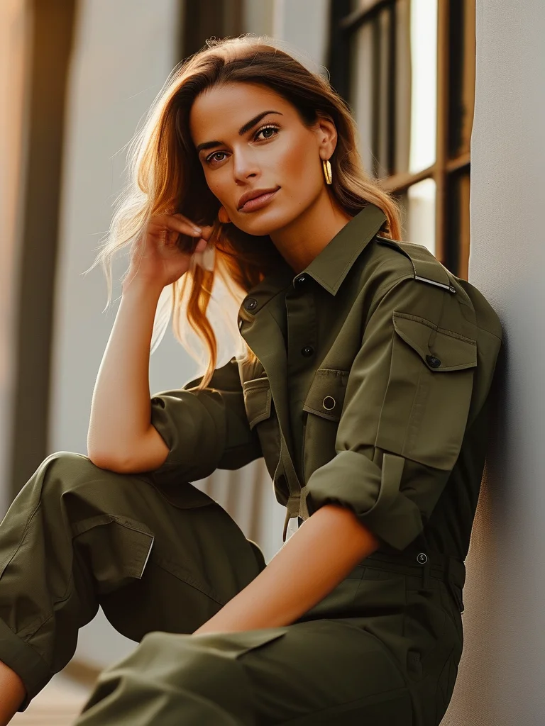 A confident woman in a tailored army green utility jumpsuit with rolled sleeves and cinched waist, paired with minimalist black leather slide sandals and small gold hoop earrings. The full-body street style shot is illuminated by golden hour light in an industrial chic alleyway.