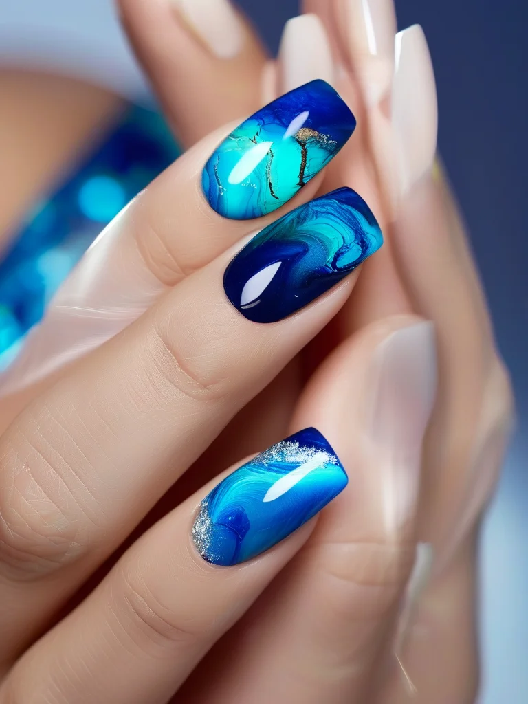 Glossy stiletto nails with mesmerizing blue ocean depths marble design and silver shimmer.