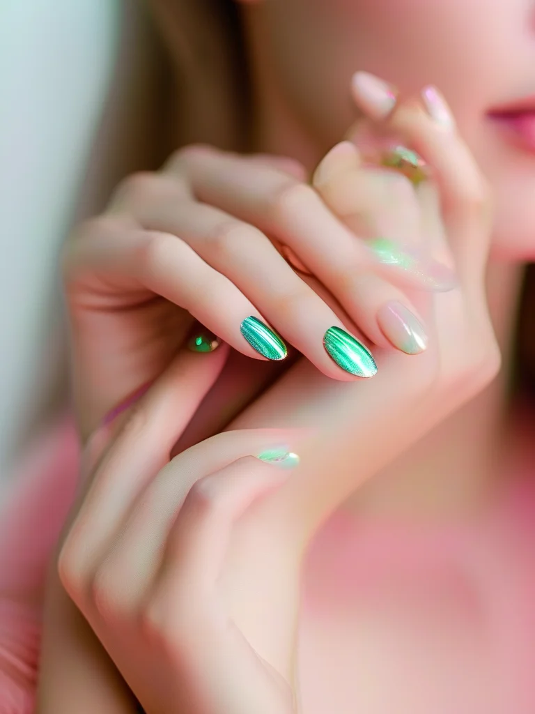 Iridescent pink to green-gold chrome aura almond nails