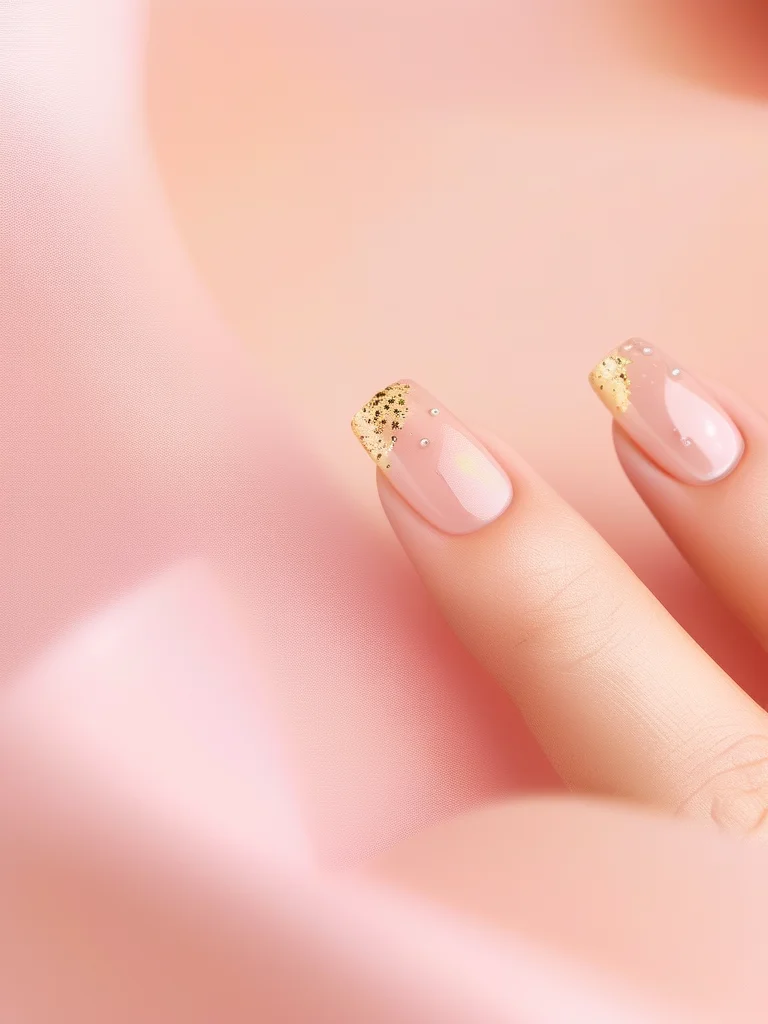 Short almond nails with clear base, gold leaf flakes, and champagne bubble dots