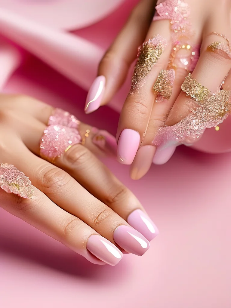 Pastel pink to lavender matte coffin nails with gold flecks.