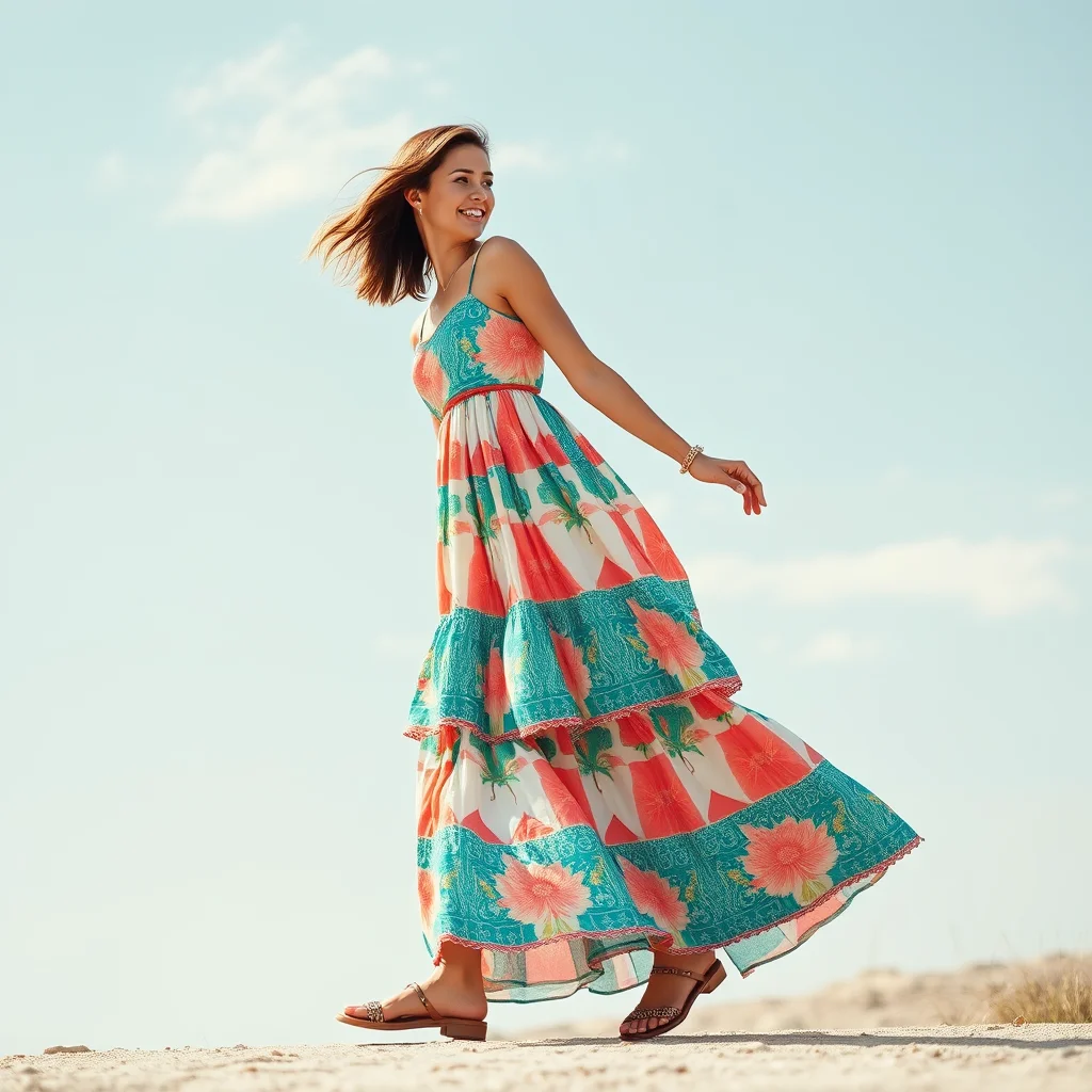 Woman in a vibrant tiered maxi dress, comfortable and festive Easter