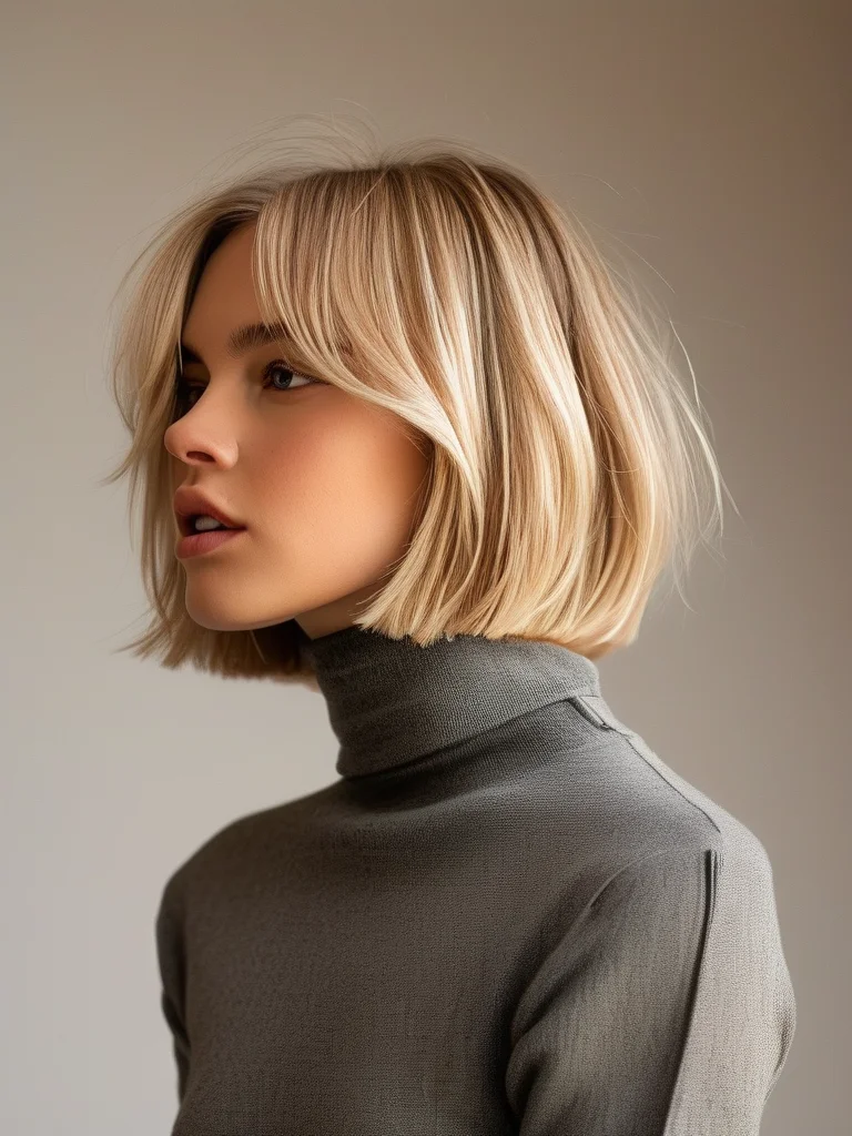 A natural ash blonde shaggy bob with blunt ends and piecey texture, where diffused light highlights the contrast between the sharp ends and softer interior.
