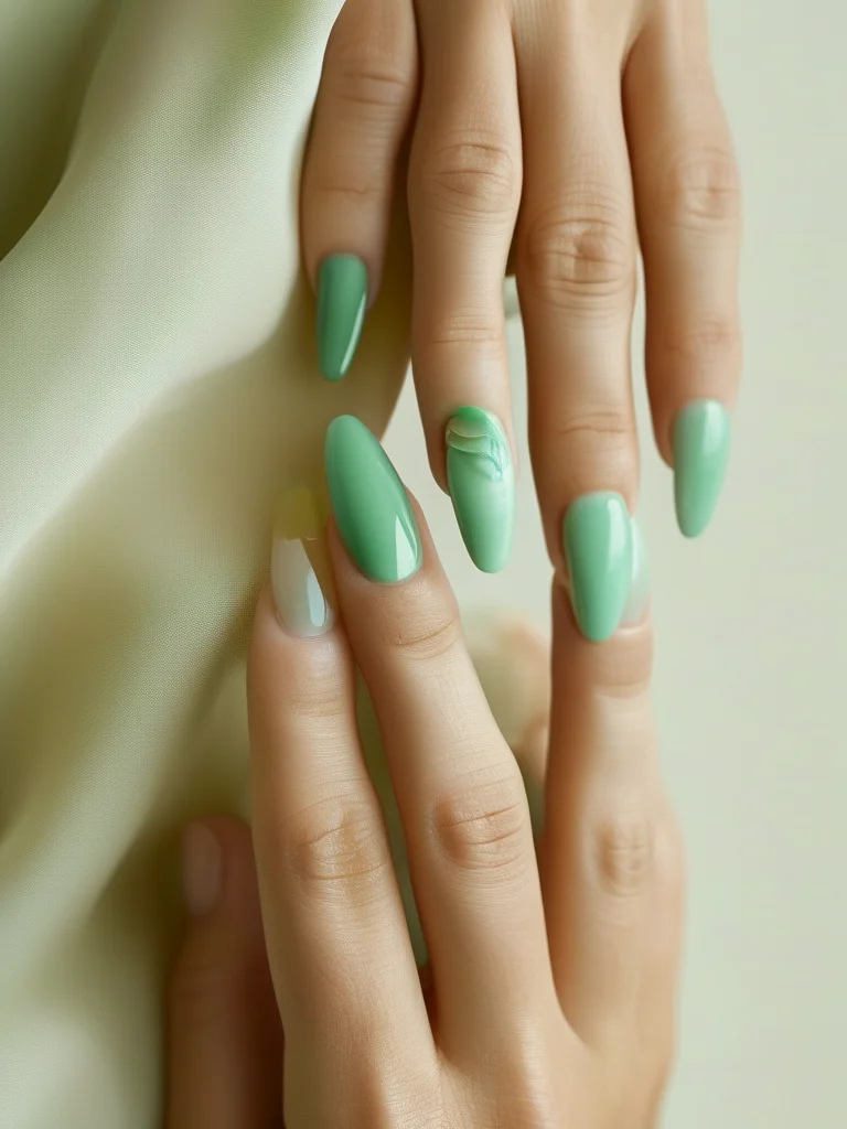 Short, matte seafoam green nails with intricately sculpted, raised seashell embossing, creating a sophisticated 3D texture.