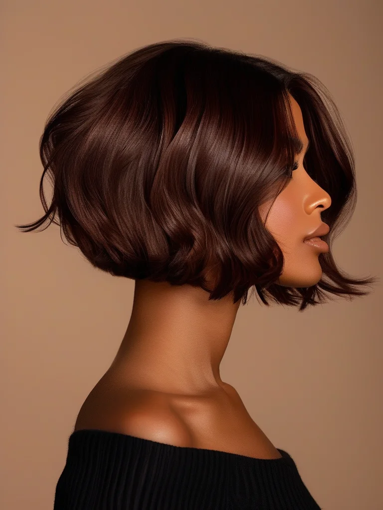 21 Irresistible Chocolate Brown Hair Colors & Styles for a Rich Look 7 A woman with a perfectly styled rich, solid chocolate brown lob, sleek with a slight bend at the ends, showcasing the uniform, glossy color and clean lines of the modern haircut.