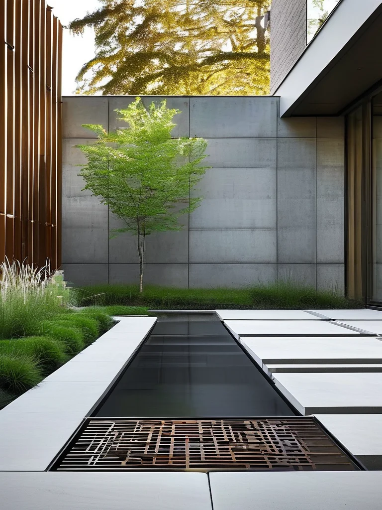 15+ Genius Drainage Ideas to Transform Your Home & Garden 7 A contemporary urban courtyard featuring a sophisticated French drain system running along the base of a textured concrete wall, covered by a custom-designed architectural metal grate. The space includes a minimalist water feature, a delicate Japanese maple tree, and a concrete bench, all under bright, overcast lighting.