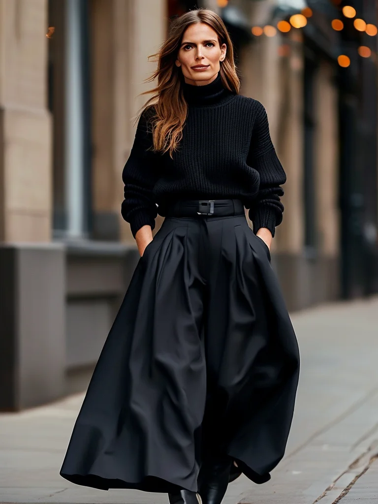 A confident woman in her mid-thirties strides along a bustling city street at dusk, wearing elegant high-waisted, flowing black wide-leg trousers. She pairs them with a snug cream knit top and stylish block-heel ankle boots, creating a sophisticated and comfortable silhouette against the soft blur of city lights.