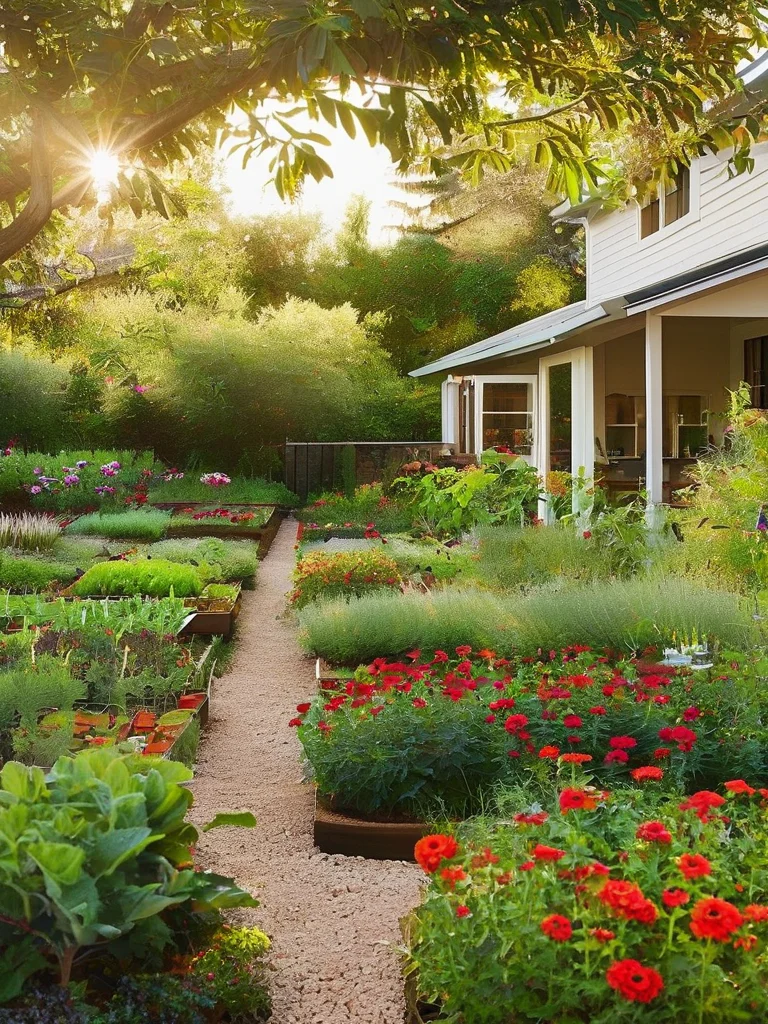 A charming and productive front yard showcasing an edible landscape with raised garden beds overflowing with various herbs, small vegetable plants, and berry bushes. Ornamental edible flowers add vibrant color accents along a neat gravel path, all set against a farmhouse-style home under bright, natural daylight, blending beauty with utility.