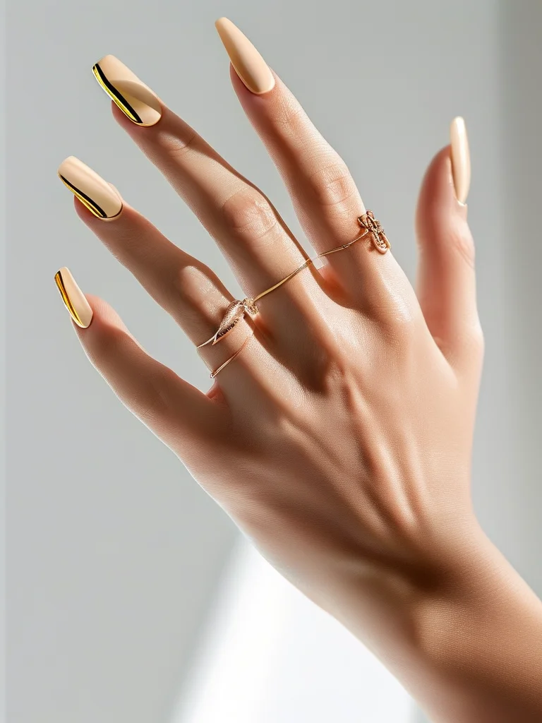 A real woman's hand displaying elegant stiletto nails with a glossy pale beige manicure. A single, delicate, ultra-thin gold line is painted vertically on one accent nail near the cuticle. The hand is poised, subtly adorned with fine jewelry, highlighting refined taste.