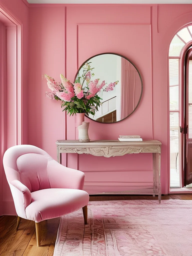 A charming entryway with a distressed light pink console table, a mirror, floral arrangements, and a rug featuring blush and cream tones.