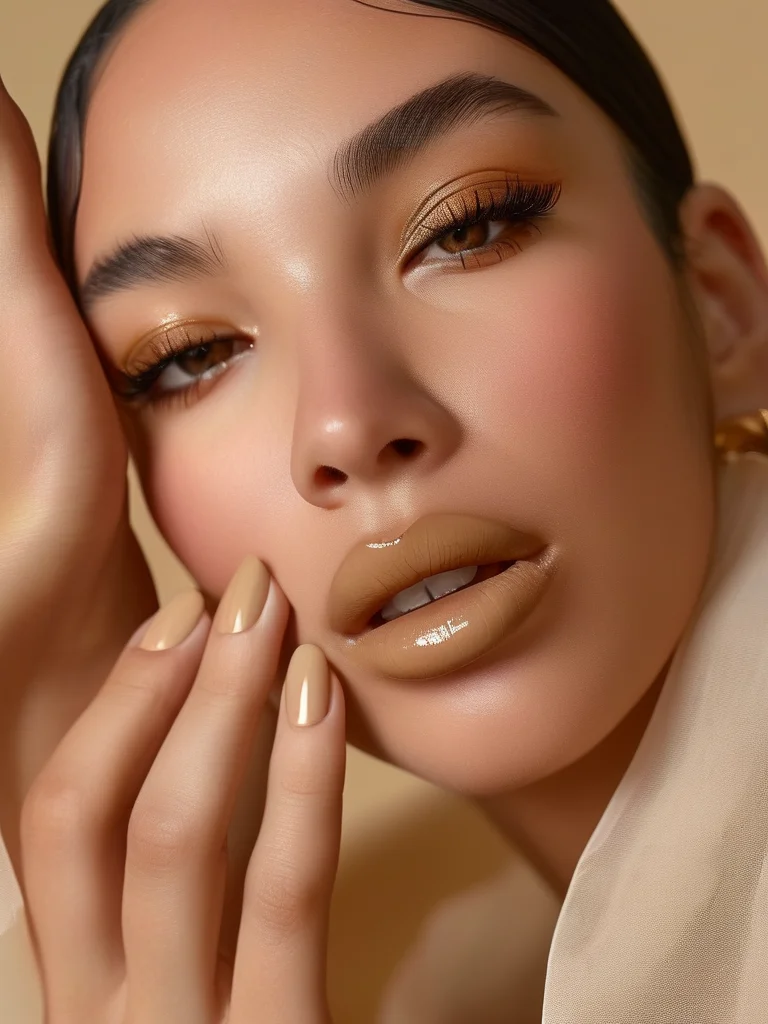 Oval nails with a creamy, glossy desert sand beige base. Three nails feature minimalist, abstract wagon wheel spoke designs in matte black and metallic bronze, offering a contemporary rustic charm.