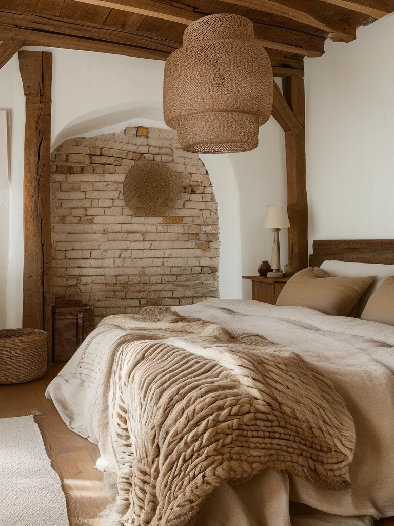 7 Dreamy Organic Cotton Bedding Styles for Your Eco-Chic Sanctuary 7 A rustic farmhouse bedroom featuring a queen-sized bed with organic cotton bedding in natural flax linen tones and simple woven textures, layered with a cozy cream knitted blanket. The room is characterized by exposed wooden beams, a whitewashed brick accent wall, antique wooden furniture, and warm, inviting lighting from a lantern-style bedside lamp, creating an authentic and charming atmosphere.