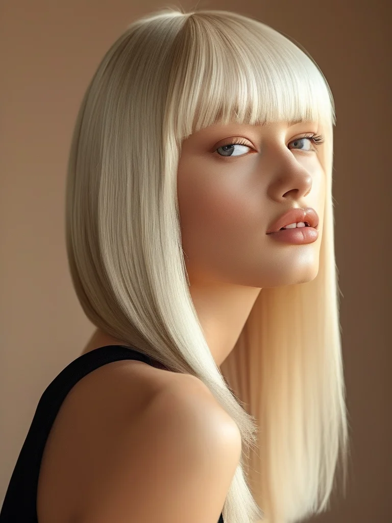 An editorial portrait of a woman featuring a striking, mid-length blunt cut in platinum blonde hair. The hair is exceptionally sleek and shiny, framing her 'no makeup' face with precision and elegance, showcasing a minimalist yet bold hairstyle.