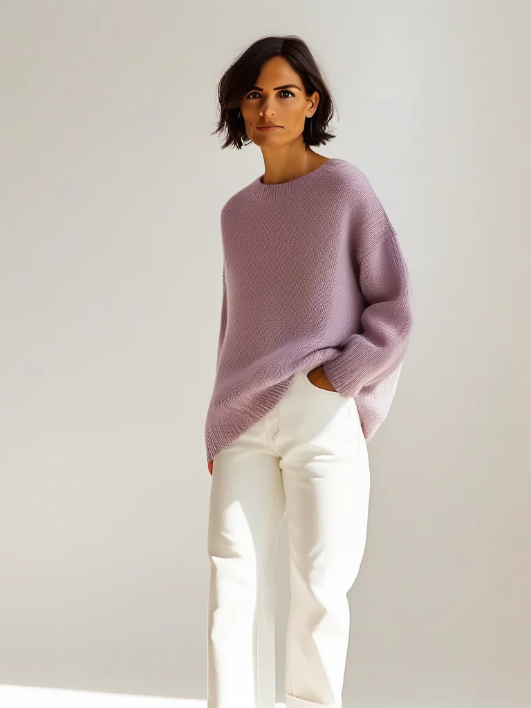 An elegant woman in a soft, oversized pastel lavender knit sweater, loosely tucked into high-waisted straight-leg white denim jeans, accessorized with delicate silver layered necklaces and white minimalist flat mules. The full-body editorial shot is set against a clean white studio backdrop with soft diffused lighting.