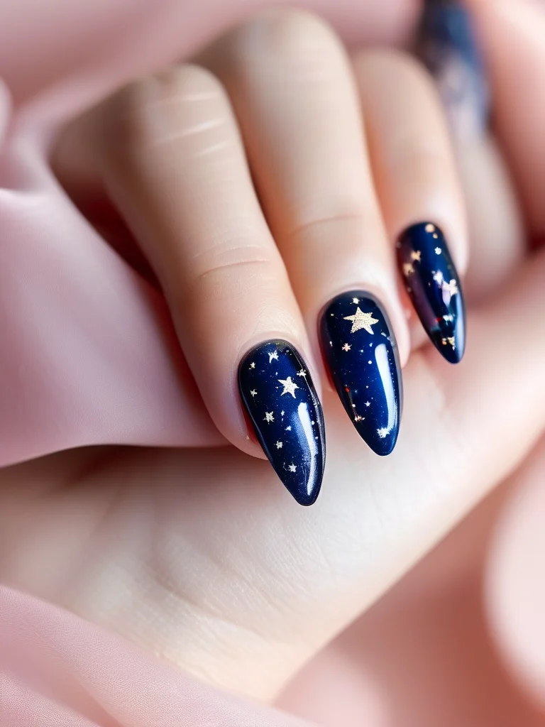 Stiletto gel nails with glossy navy and silver celestial art