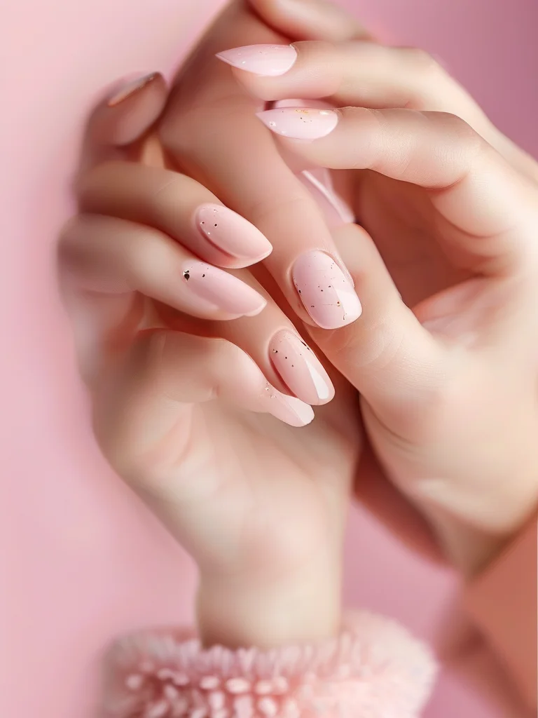 Short round clean girl nails with a sheer nude base and a single tiny gold dot accent on the ring finger.