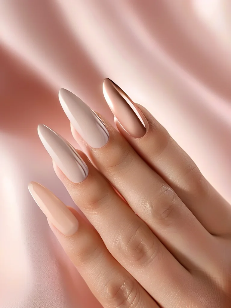 Close-up of modern french twist aesthetic oval nails with sheer nude base and rose gold micro tips