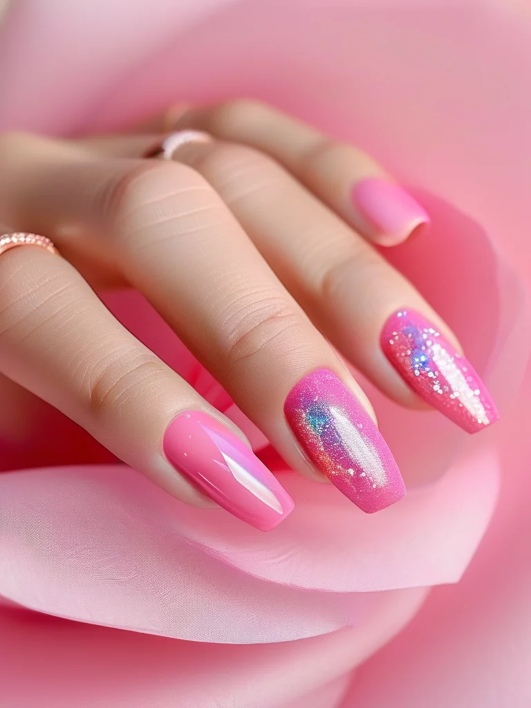 Barbie pink coffin nails with iridescent glitter