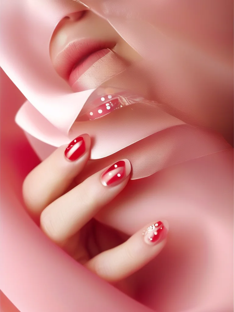 Glossy red rounded square nails with white polka dots.