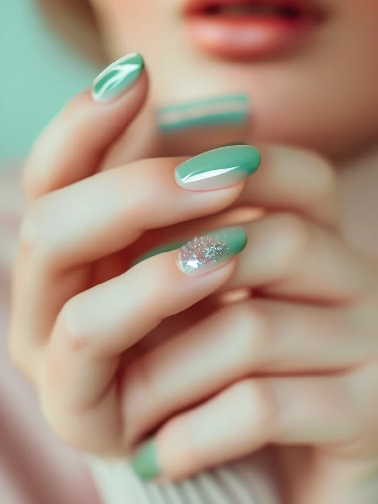 Macro view of short rounded nails with a frosted jade green glaze and a small gemstone accent.