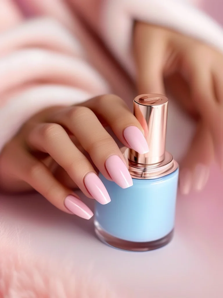 Close-up of cloud nine ombré aesthetic coffin nails with sky blue to white gradient