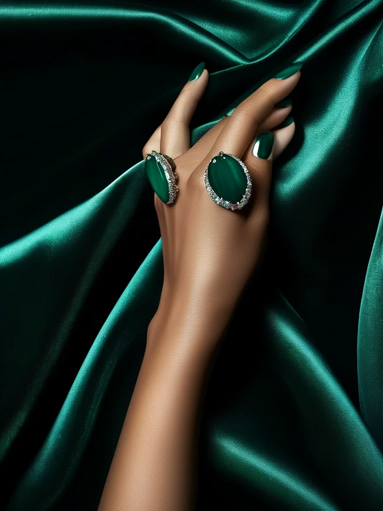 A real woman's hand showcasing elegant medium-length oval nails painted in a rich, opaque, high-gloss deep emerald green polish. The hand rests gracefully on a dark velvet fabric, with a subtle diamond ring on one finger, conveying a sense of regal luxury.