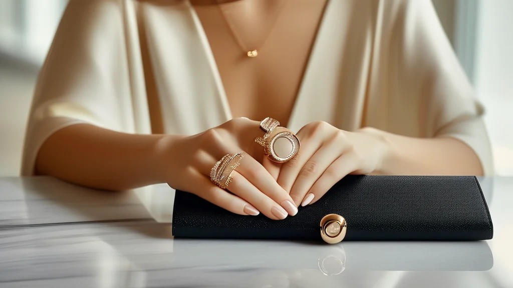 Woman's hand with pearl-accented glossy nails holding a designer clutch on marble.