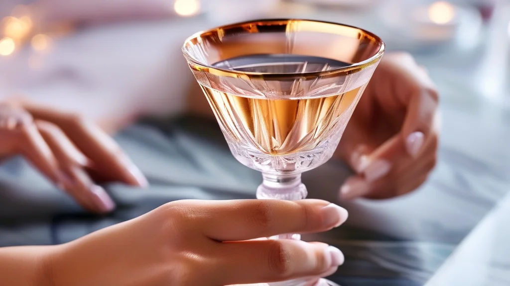 Woman's hand with milky white aesthetic almond nails holding a cocktail, on marble