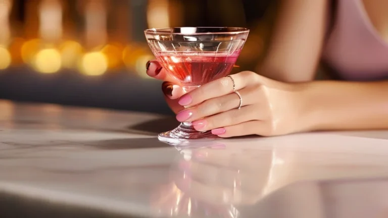 Woman's hand with glossy light pink coffin nails holding a cocktail