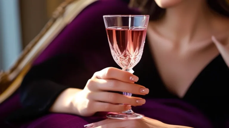 Woman's hand with elegant glossy cherry red almond nails holding a cocktail in a luxury setting.