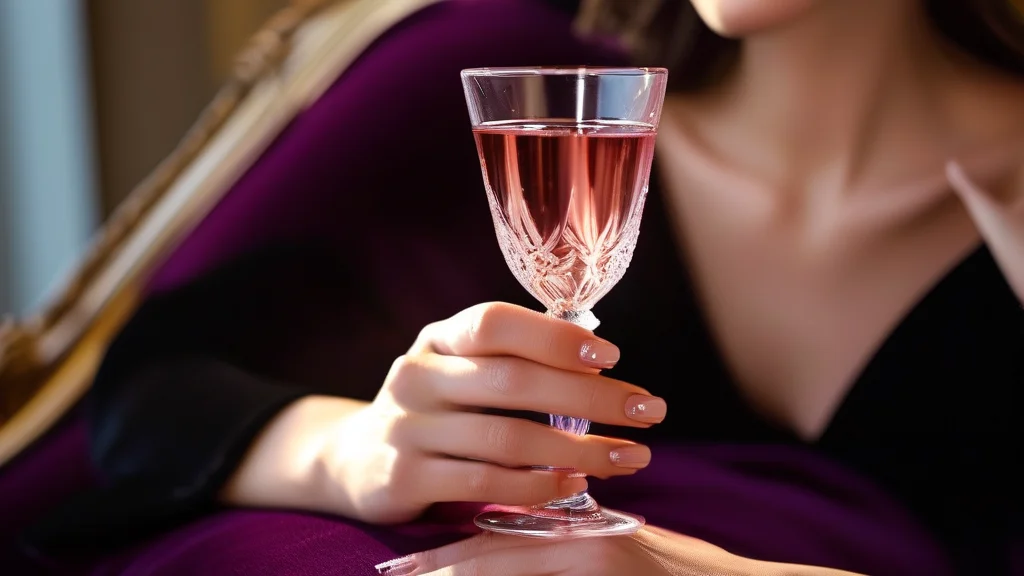 Woman's hand with elegant glossy cherry red almond nails holding a cocktail in a luxury setting.