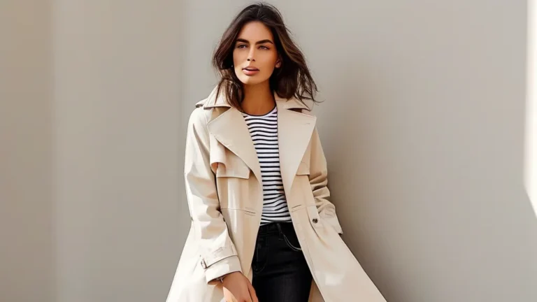 Stylish woman in cream trench coat, striped tee, and jeans, perfect for San Francisco spring
