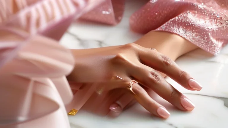 Close-up of elegant Japanese nail designs with gold leaf and pearls on a woman's hand.