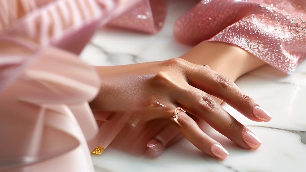 Close-up of elegant Japanese nail designs with gold leaf and pearls on a woman's hand.